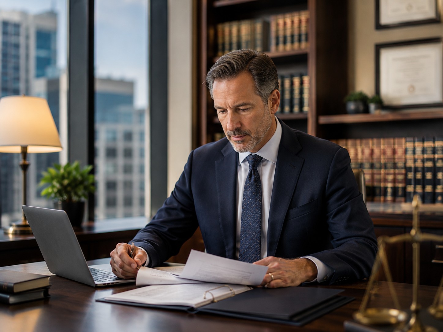 Attorney reviewing case documents in the office